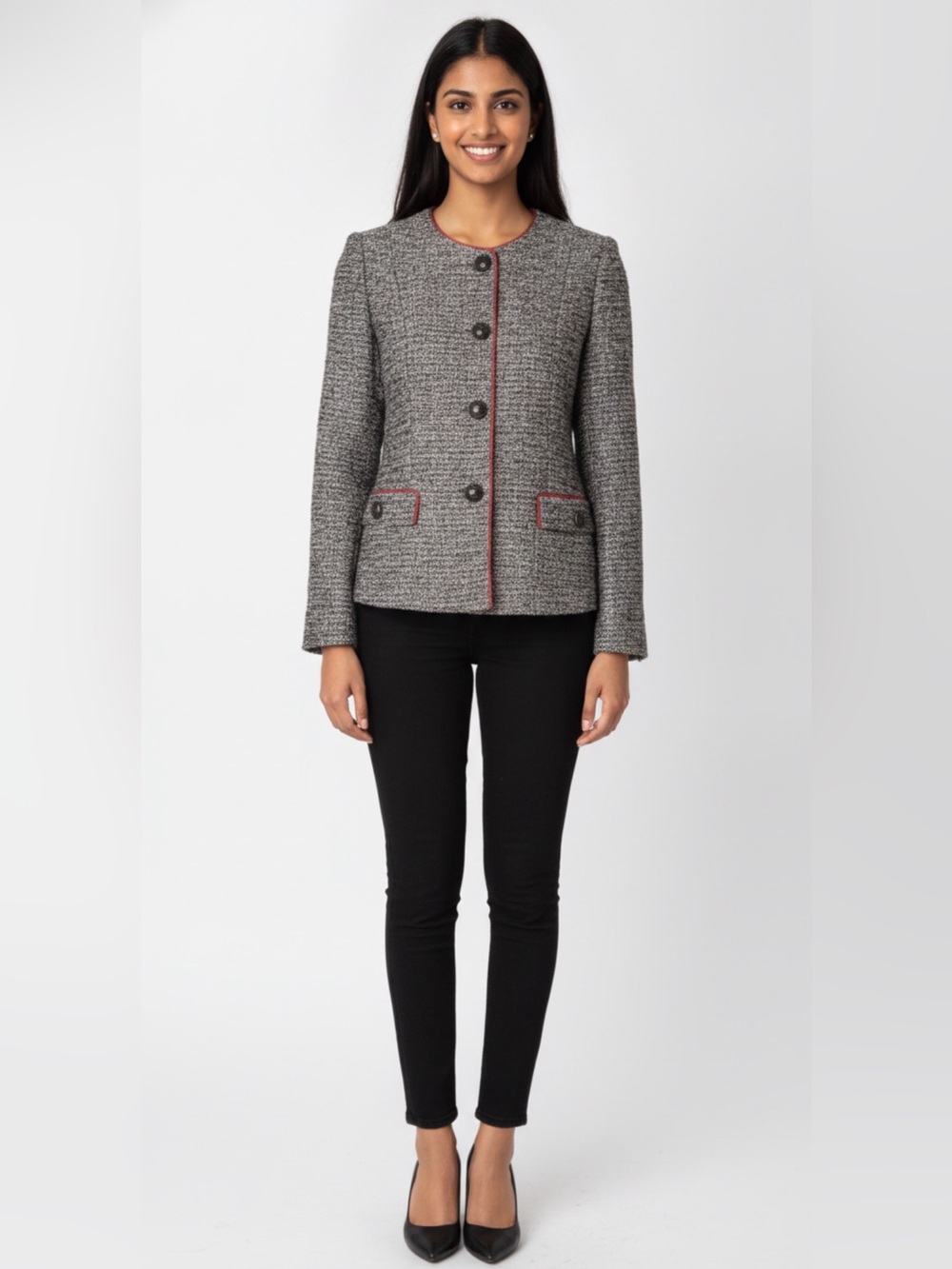 Helene Berman London Tweed Silver Metallic Shimmer Button Up Jacket Blazer